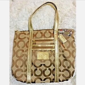 Authentic large Coach poppy bag tote khaki / gold 13826